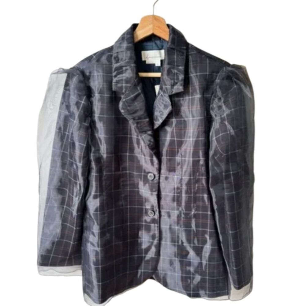 Anthropologie Women’s Tulle Overlay Plaid Blazer XS Navy Blue Tartan Chic Jacket - Picture 3 of 8